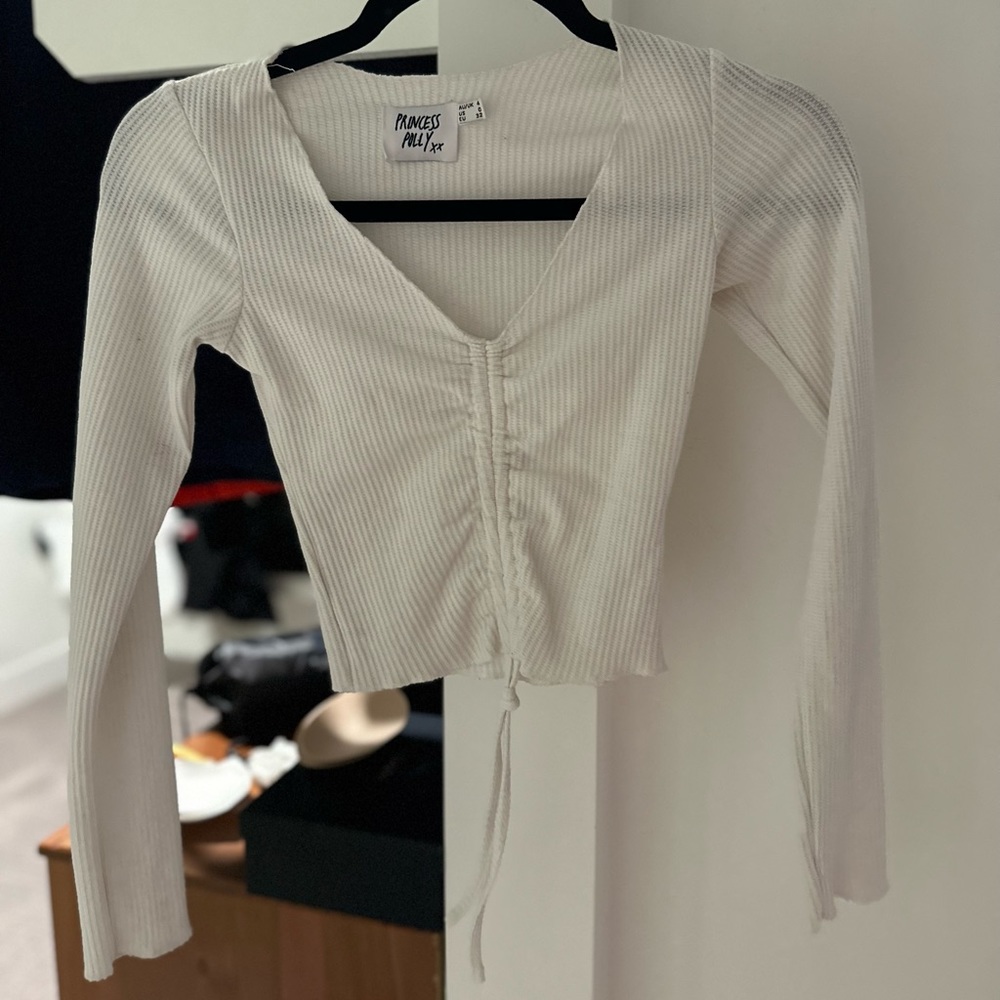 Princess Polly white v neck long sleeve cropped top with drawstring